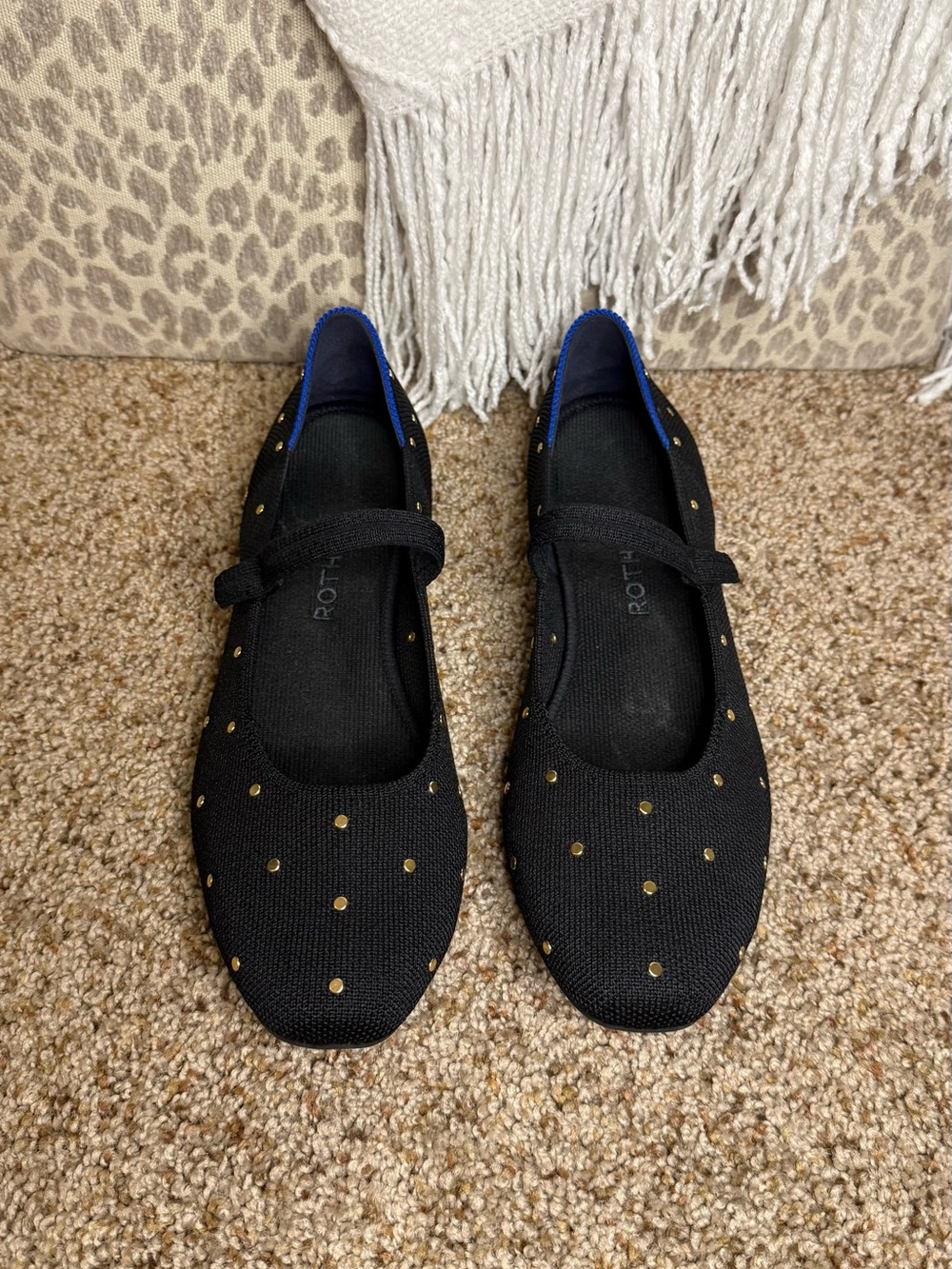 Rothy's Black Knit Mary Janes with Gold Studs and Blue Trim